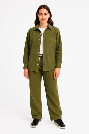 Modavera Kadife Oversize Takım – Gömlek Ve Pantolon İkili Set Füme Corduroy Şıklığı, Rahat Ve Zarif 