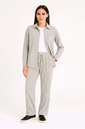 Modavera Kadife Oversize Takım – Gömlek Ve Pantolon İkili Set Füme Corduroy Şıklığı, Rahat Ve Zarif 