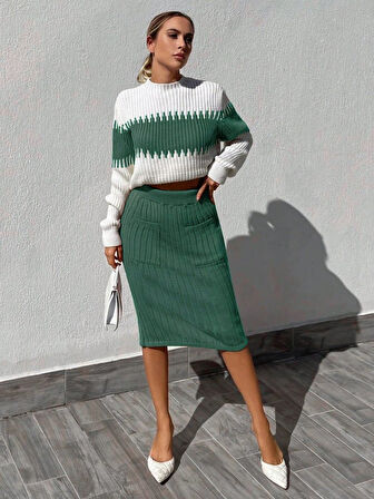 Modavera Kadın Uzun Kollu Triko Etekli Takım