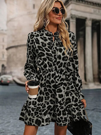 Modavera Kadın Uzun Kollu Yakadan Bağlamalı Beli Lastikli şardonlu Dalgıç Elbise