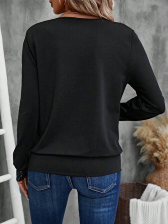 Modavera Kadın Uzun Kollu V Yakalı Içi Süprem Desenli Dışı Viskon Bluz