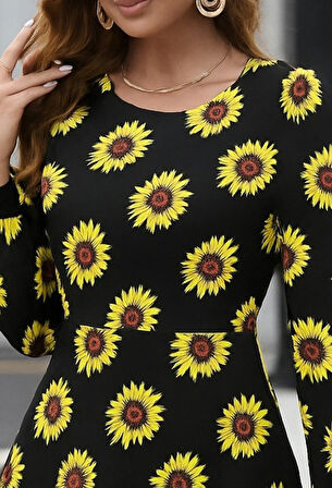 Modavera Kadın Uzun Kollu Bisiklet Yaka Desenli Kısa Krep Elbise