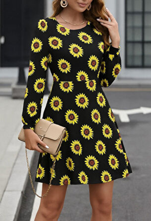 Modavera Kadın Uzun Kollu Bisiklet Yaka Desenli Kısa Krep Elbise