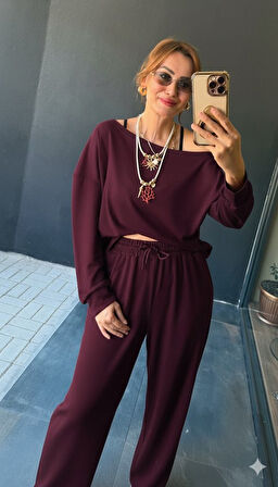 Modavera Kadın Uzun Kollu Tek Omuzdan Açık Viskon Iki Iplik Bluz Ve Pantolon Ikili Takım