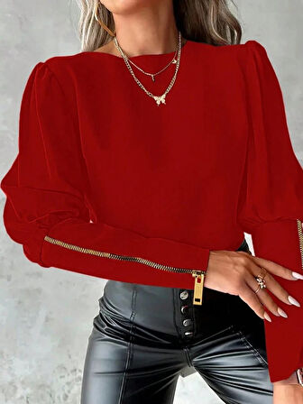 Modavera Kadın Uzun Kollu Bisiklet Yaka Fermuar Detaylı Ithal Krep Bluz
