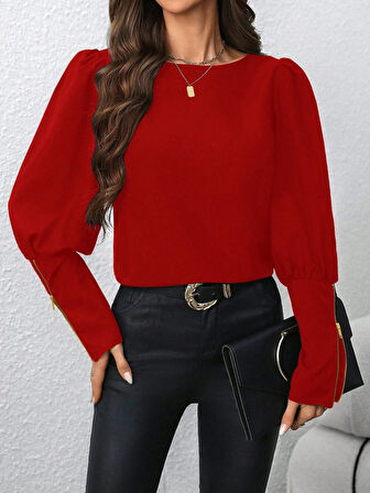 Modavera Kadın Uzun Kollu Bisiklet Yaka Fermuar Detaylı Ithal Krep Bluz
