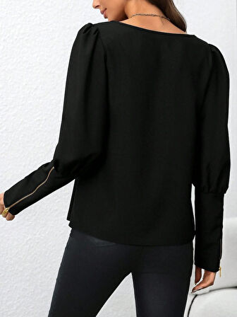 Modavera Kadın Uzun Kollu Bisiklet Yaka Fermuar Detaylı Ithal Krep Bluz