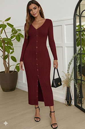 Modavera Kadın Uzun Kollu V Yakalı önden Düğmeli şardonlu Kaşkorse Elbise