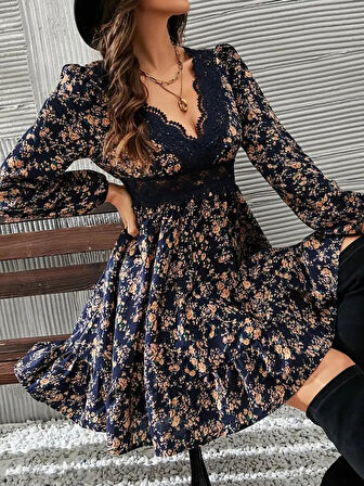 Modavera Kadın Uzun Kollu Dantel V Yakalı Mini Desenli Süprem Elbise