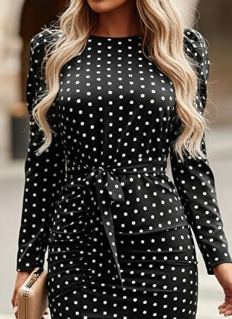 Modavera Kadın Uzun Kollu Yuvarlak Yaka Belden Kuşaklı önden Yırtmaçlı örme Krep Elbise