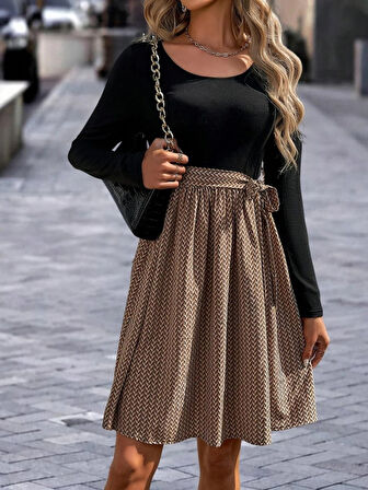 Modavera Kadın Uzun Kollu Yuvarlak Yaka üst Viskon Alt Süprem Midi Elbise