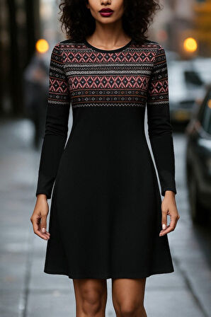 Modavera Kadın Uzun Kollu Bisiklet Yaka Etnik Desenli Kısa şardonlu Dalgıç Elbise