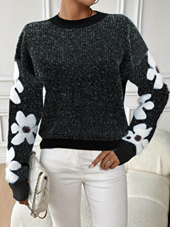 Modavera Kadın Uzun Kollu Bisiklet Yaka çiçek Desenli Triko Bluz