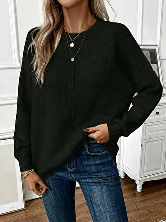 Modavera Kadın Uzun Kollu Bisiklet Yaka Düşük Omuz Detaylı Triko Bluz