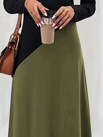 Modavera Kadın Uzun Kollu V Yakalı Blok Desenli Viskon Elbise