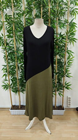 Modavera Kadın Uzun Kollu V Yakalı Blok Desenli Viskon Elbise