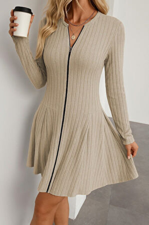 Modavera Kadın Uzun Kollu önden Fermuarlı Pileli şardonlu Kaşkorse Mini Elbise