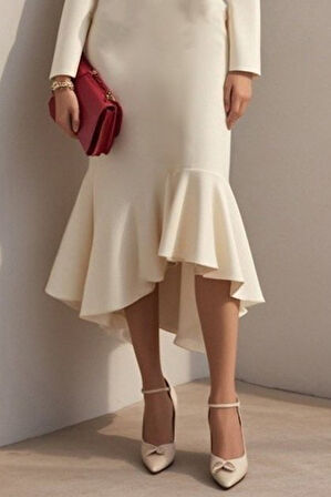 Modavera Kadın Uzun Kollu Yakalı Belden Oturtmalı Midi Ithal Krep Elbise