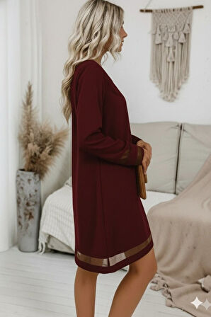 Modavera Kadın Uzun Kollu V Yakalı Tül şerit Detaylı Mini Krep Elbise