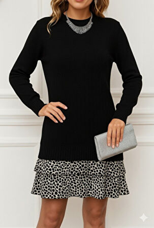 Modavera Kadın Uzun Kollu üst şardonlu Kaşkorse Alt Süprem Desenli Elbise