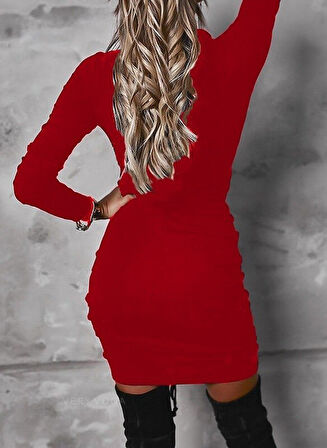 Modavera Kadın Uzun Kollu V Yaka önden Yırtmaç Büzgü Detay Kaşkorse Mini Boy Elbise
