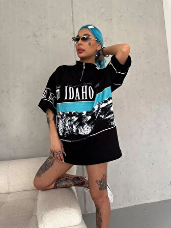 Modavera Unisex Baskılı Yarım Fermuarlı T-Shirt - Siyah