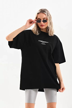 Modavera Unisex Baskılı Oversize T-Shirt - Siyah