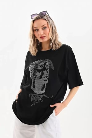 Modavera Unisex Taş Desenli Oversize T-Shirt - Siyah