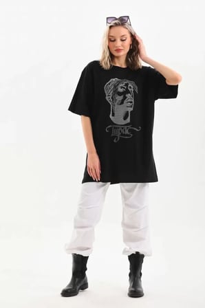 Modavera Unisex Taş Desenli Oversize T-Shirt - Siyah