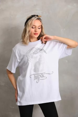 Modavera Unisex Taş Desenli Oversize T-Shirt - Beyaz