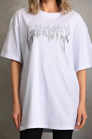 Modavera Unisex Taş Desenli Oversize T-Shirt - Beyaz