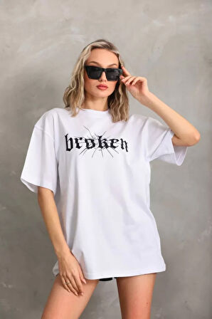 Modavera Unisex Baskılı Oversize T-Shirt - Beyaz