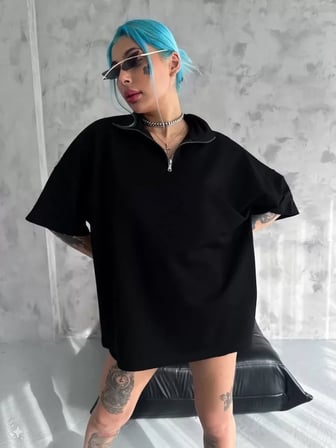 Modavera Unisex Yarım Fermuarlı Basic T-Shirt - Siyah