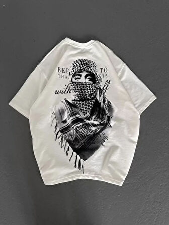 Modavera Unisex Baskılı Oversize T-Shirt - Beyaz