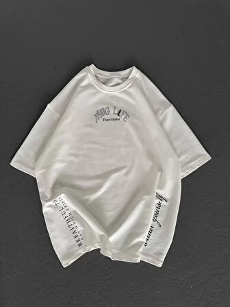 Modavera Unisex Baskılı Oversize T-Shirt - Beyaz