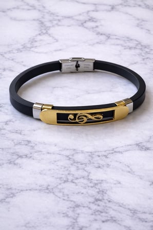 316L Paslanmaz Çelik Sol Anahtarı Gold Detaylı Erkek Bileklik – Siyah Kauçuk Modern Bileklik