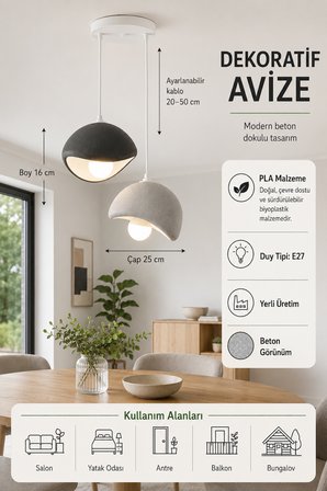 Solea İkili Avize - Gri/Siyah - İskandinav Eskit Beton Görünümlü Özel Dokuya Sahip Sarkıt Avize - 25 cm
