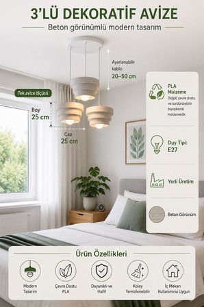 Katmera Üçlü Avize - Eskit Beton Görünümlü Basamak Desenli Sarkıt Avize - Gri