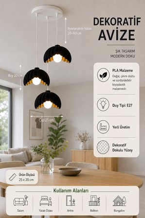 Lotus Çiçek Tasarım Üçlü Sarkıt Avize - Modern Tasarım Gece Lambası İç Dış Ortama Uygun - 25 cm - Kahverengi