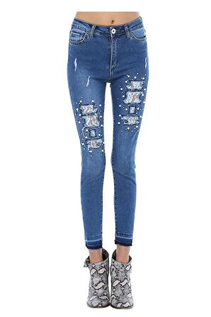 Mavi Denim İncili Yırtık Dantel Paçalı Kadın Pantolon