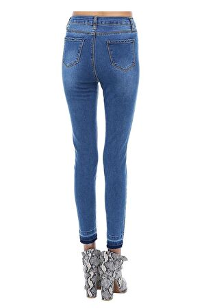 Mavi Denim İncili Yırtık Dantel Paçalı Kadın Pantolon
