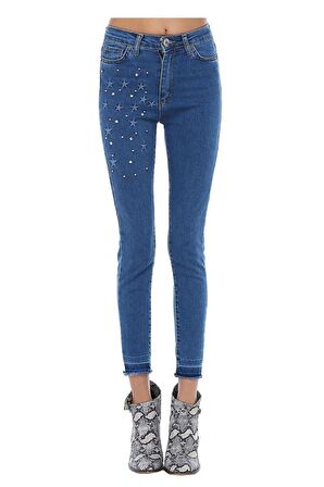 Mavi Açık Denim İncili Yıldız Nakışlı Kadın Pantolon