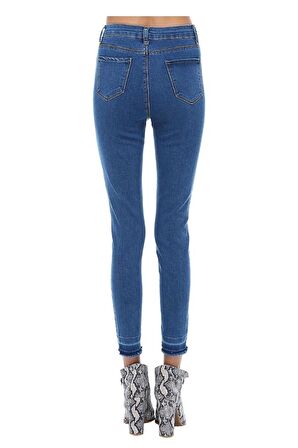 Mavi Açık Denim İncili Yıldız Nakışlı Kadın Pantolon