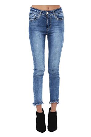 Mavi Denim Cep ve Paça Kuş Gözü Kadın Pantolon