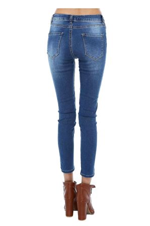 Koyu Mavi Taşlanmış Denim Kadın Pantolon
