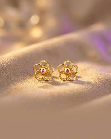 22 Ayar Altın Çocuk Küpesi Çiçek Desenli 1.25gr Hediye
