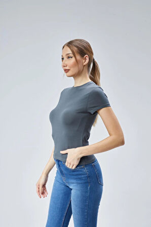 Maison La Femme Antrasit Fitted/vücuda Oturan Crop T-shirt