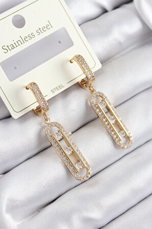 316L Çelik Zirkon Taşlı Sallantılı Messika Model Gold Renk Kadın Küpe