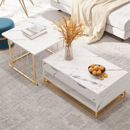 SHP7762 Modern Beyaz İkili Zigon Sehpa Metal Orta Sehpa