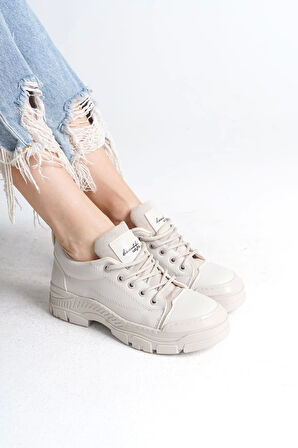 Jane Bağcıklı Ortopedik Taban Kadın Sneaker Spor Ayakkabı  Kt - Krem